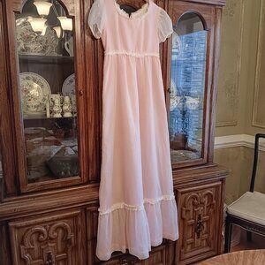 Vintage 50s Debutante Pink Swiss Dot Lace Trim Babydoll Maxi Dress Size S
